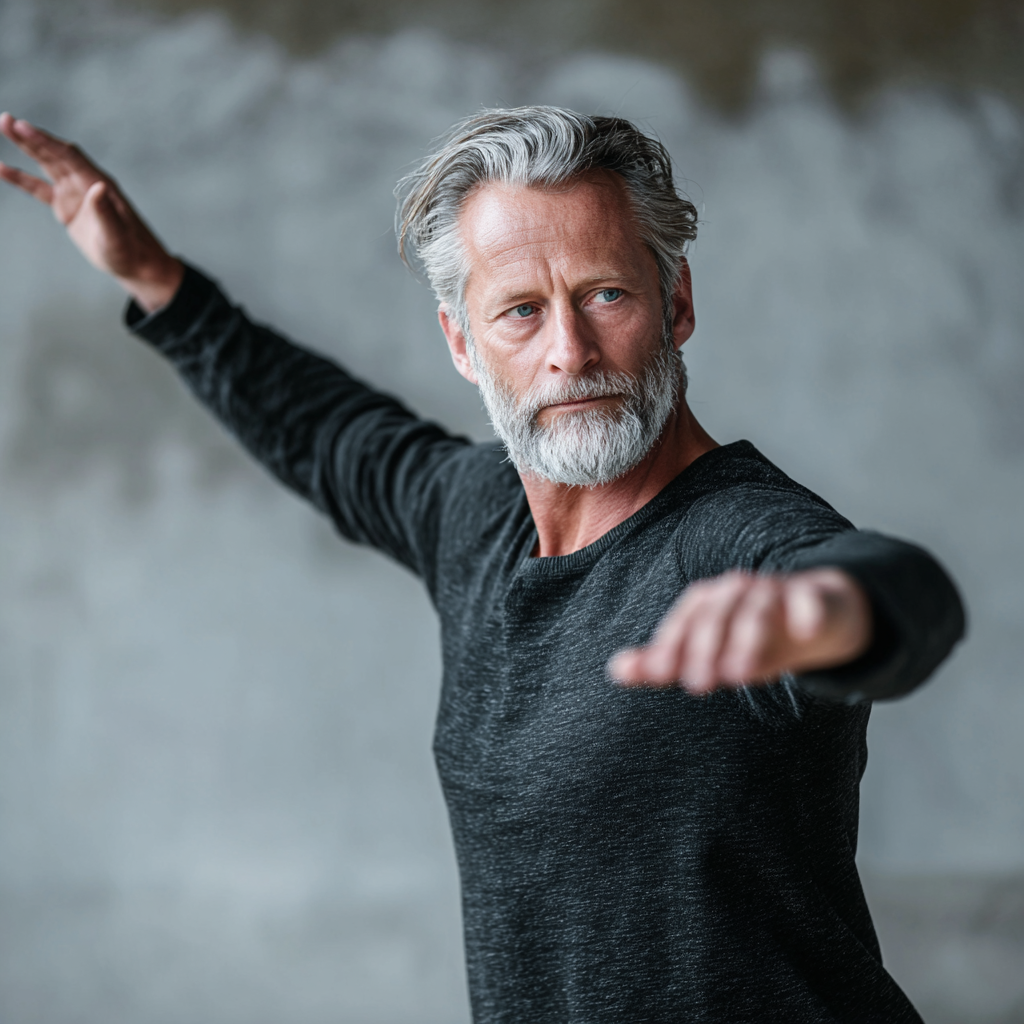 mature man practicing controlled movement exercises in calm environment