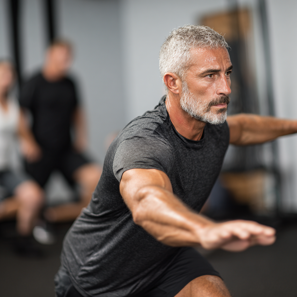 middle-aged man demonstrating functional movement patterns in training space